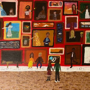 May include: A painting of a gallery wall with many framed pictures, some with people, some with landscapes, and some with abstract designs. Four people are standing in front of the wall, looking at the art.