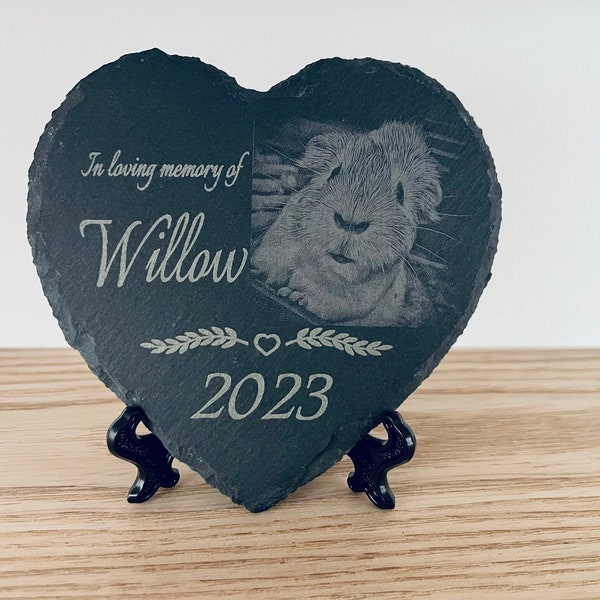 Pet Slate Heart Photo Hamster Guinea Pig Customised Memorial Stone Personalised Name Date Photo Heart 11cm.