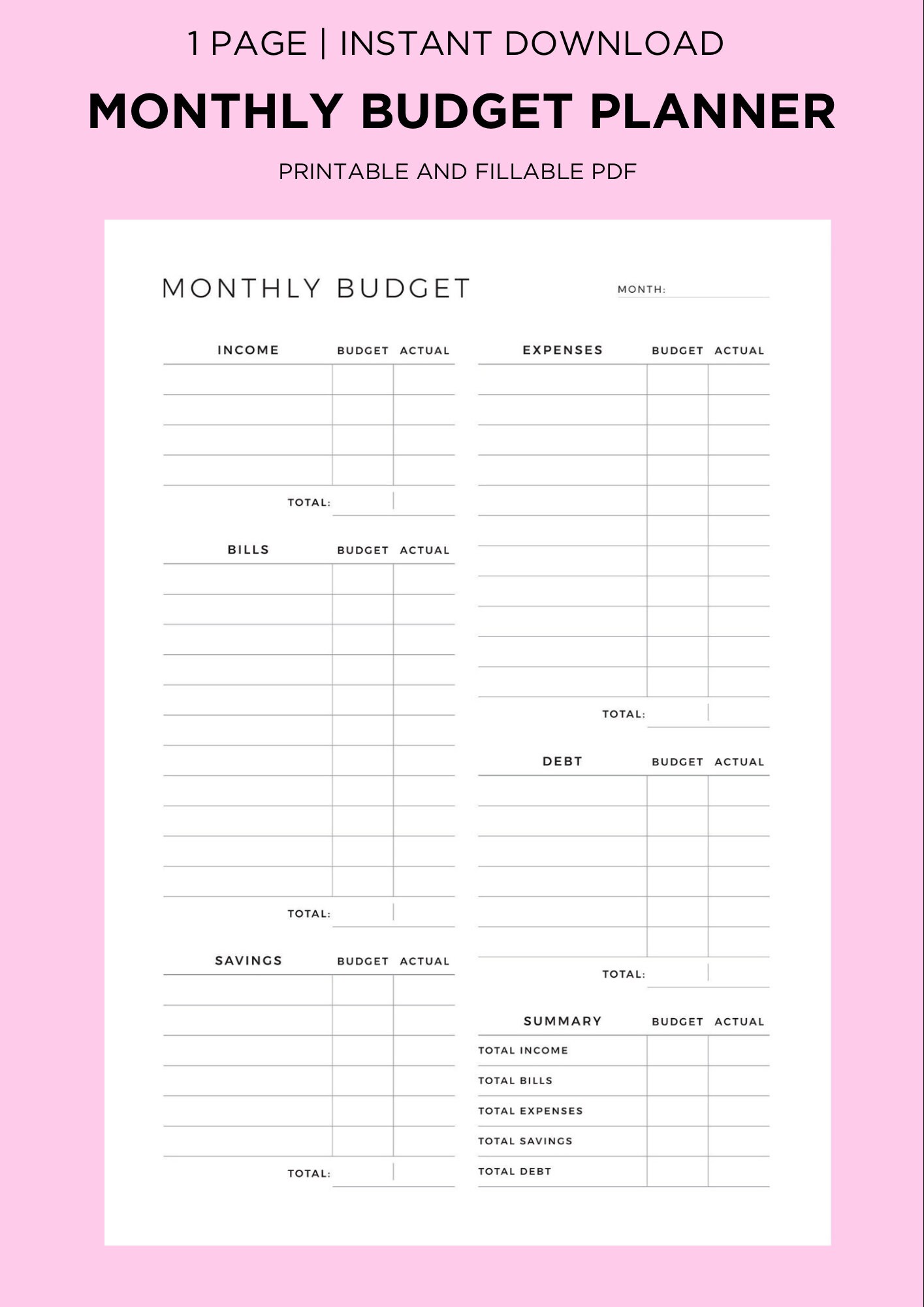Monthly Budget Planner Printable & Fillable PDF, Budget Tracker