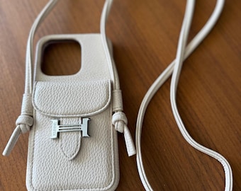 Chic Gray Leather Smartphone Case with Wallet and Gray Crossbody Detachable Strap | Elegant Phone Accessory | iPhone 14 Pro | Letter H