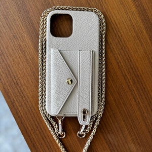 Chic Gray Leather Smartphone Case with Wallet and Gold Crossbody Detachable Chain Strap | Elegant Phone Accessory | iPhone 12 Pro Max |Charm