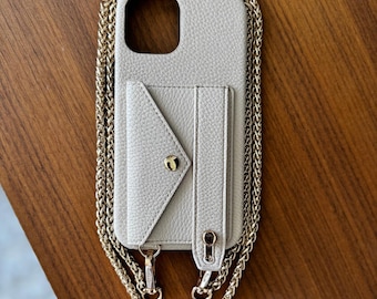 Gray Leather Smartphone Case with Wallet + Gold Crossbody Detachable Chain Strap | Elegant iPhone Accessory
