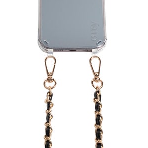 Étui transparent pour téléphone avec bandoulière en cuir et chaîne | Coque élégante pour iPhone 16 | bandoulière | Charm pour téléphone de style Chanel | Emilie à Paris