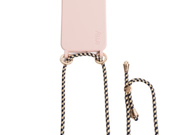 Rosa Handyhülle + Blau-Beige Anhänger | Handyband | iPhone & Samsung Zubehör | Crossbody schützende Handytasche | Hands-Free Handyhalter
