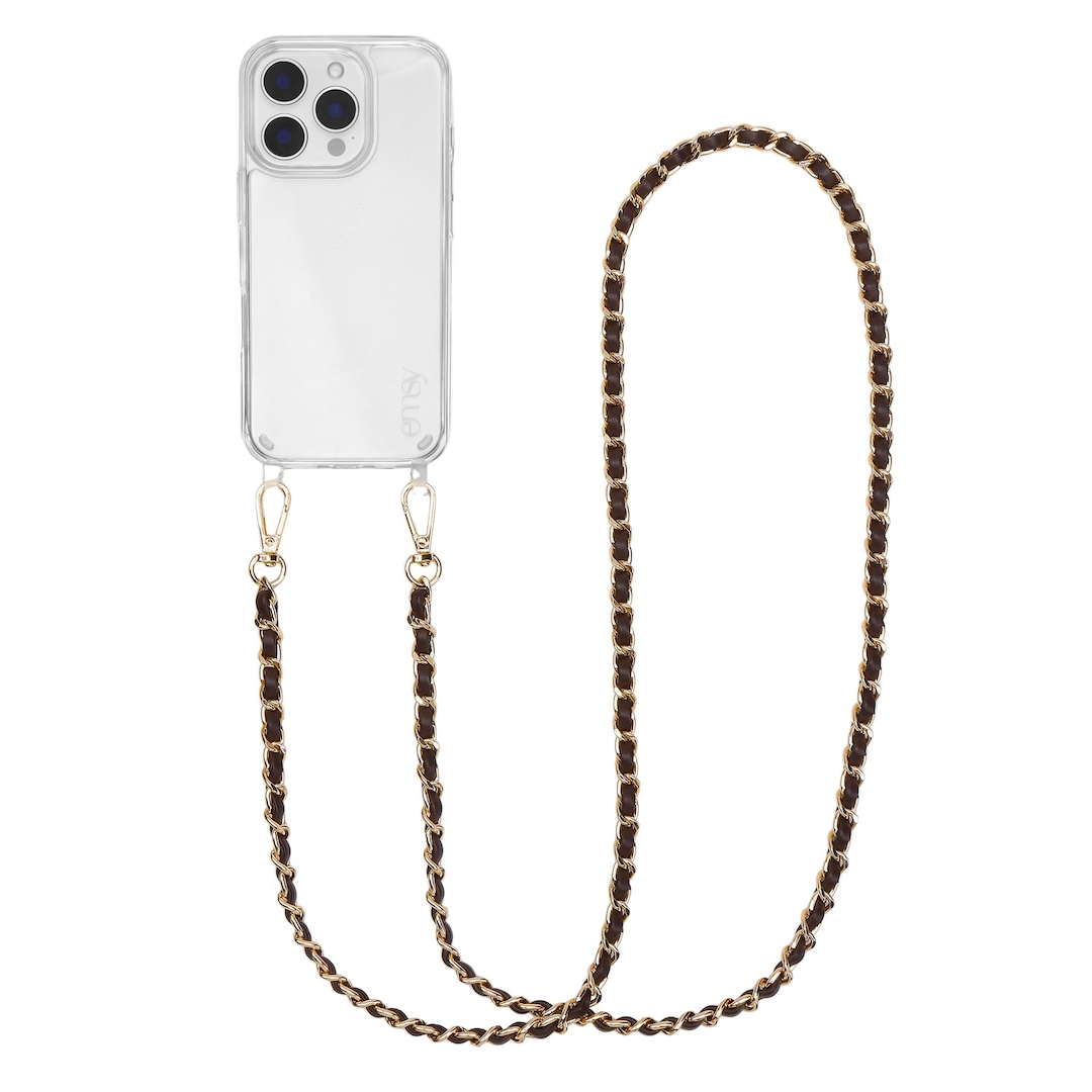 Black Leather Chain Crossbody Strap + Clear Phone Case | Stylish