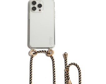 Blau-Beige Handyband + Klarsichthülle | iPhone 17 & Samsung Zubehör | Handyhülle zum Umhängen | Schutzhülle | Praktisch | Handykette/Lanyard