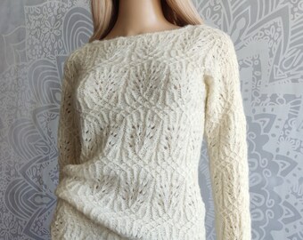 White long wedding sweater women's hand knitted in merino alpaca, Openwork Bohemian bridal pullover tunic, Eyelet bride jumper for ladies