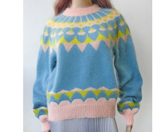 Fuzzy Angora sweater Fair Isle women's, Colorful cozy Icelandic jumper Lopapeysa, Vintage Scandinavian fluffy wool ski pullover sweater