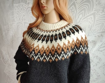 Icelandic Fair Isle sweater adults Lopapeysa hand knit in Baby alpaca Merino Chunky black Scandinavian jumper Norwegian winter warm pullover