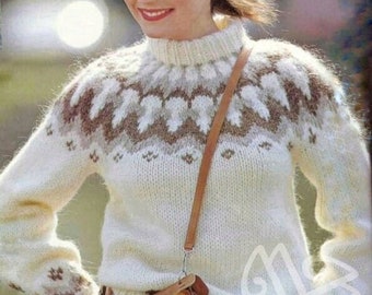 Vintage Fair Isle sweater Lopapeysa women handmade in alpaca, Icelandic wool Nordic sweater, Hand knit Scandinavian winter warm gift for her