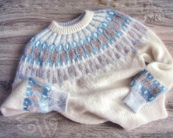 Fair Isle Icelandic sweater women in Baby alpaca & Merino, Lopapeysa sweater handknitted, Lopi traditional Nordic ski pullover cable knitted