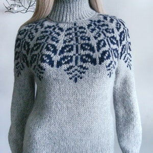 Sweater women's Fair Isle turtleneck hand knitted in Baby Alpaca Merino, Beige pullover Lopapeysa, Scandinavian warm jumper, Girl Xmas gift #4400 Gray / Blue