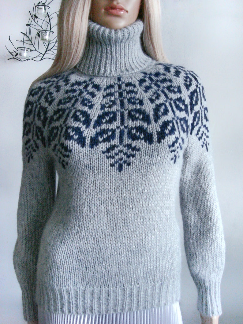 Sweater women's Fair Isle turtleneck hand knitted in Baby Alpaca Merino, Beige pullover Lopapeysa, Scandinavian warm jumper, Girl Xmas gift #4400 Gray / Blue