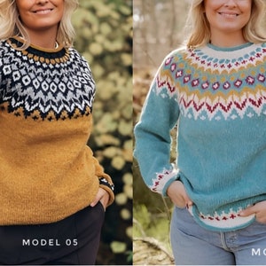 There are two Icelandic sweaters Fair Isle with the same pattern but in different colors hand knitted yarn with patterned yoke and cuffs. The first is yellow with yoke in black grey & white colors. The second is teal with pink yellow white pattern.