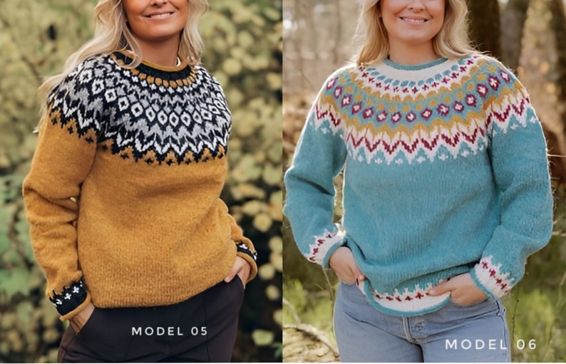 There are two Icelandic sweaters Fair Isle with the same pattern but in different colors hand knitted yarn with patterned yoke and cuffs. The first is yellow with yoke in black grey & white colors. The second is teal with pink yellow white pattern.