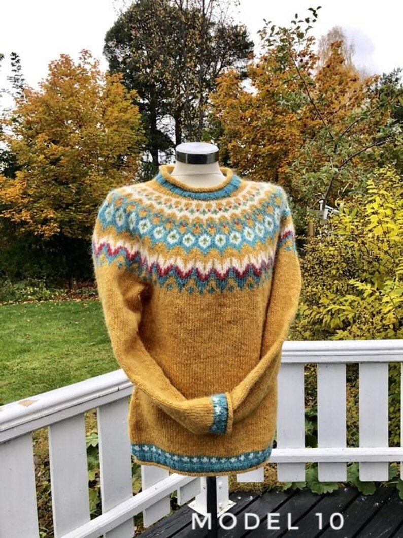 Yellow Icelandic sweater women Fair Isle hand knitted in Baby Alpaca Merino yarn with patterned yoke and cuffs in purple, teal and white colors.