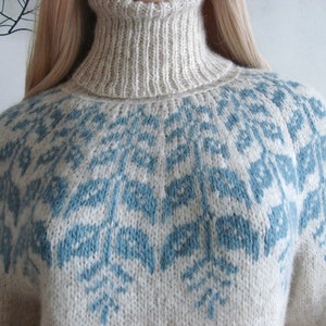 Beige sweater women's Fair Isle turtleneck hand knitted in Baby Alpaca Merino with blue round patterned joke.