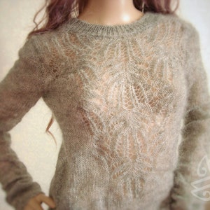 Mohair sweater women's 2-in-1 Deep V neck lace, Hand knit Boho chic eyelet sweater, luxury openwork grey cable knit pullover longsleeve