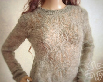 Mohair sweater women's 2-in-1 Deep V neck lace, Hand knit Boho chic eyelet sweater, luxury openwork grey cable knit pullover longsleeve