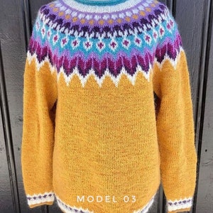 Yellow Icelandic sweater women Fair Isle hand knitted in Baby Alpaca Merino yarn with patterned yoke and cuffs in purple, blue and white colors.
