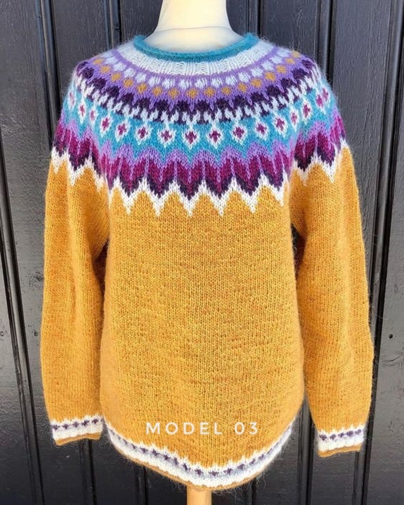 Yellow Icelandic sweater women Fair Isle hand knitted in Baby Alpaca Merino yarn with patterned yoke and cuffs in purple, blue and white colors.