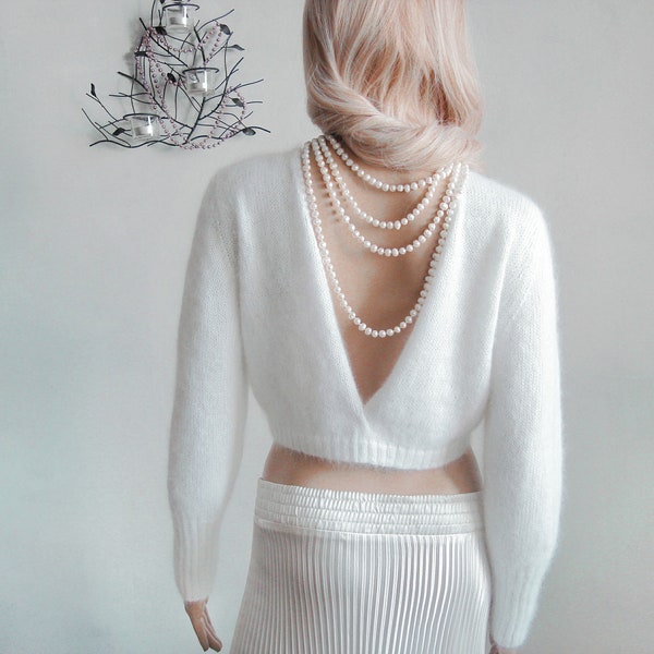 Her Majesty Angora, Wedding sweater short with deep V neck hand knitted for Ladies, Luxury white fluffy cropped bridal pullover backless