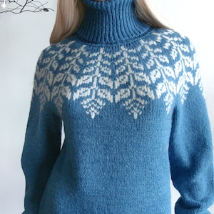 Fair Isle Scandinavian sweater women in Baby alpaca & Merino, Traditional Icelandic wool sweater Lopapeysa, Warm winter Nordic ski pullover Blue #2514