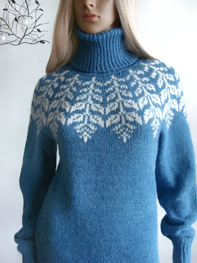 Fair Isle Scandinavian sweater women in Baby alpaca & Merino, Traditional Icelandic wool sweater Lopapeysa, Warm winter Nordic ski pullover Blue #2514