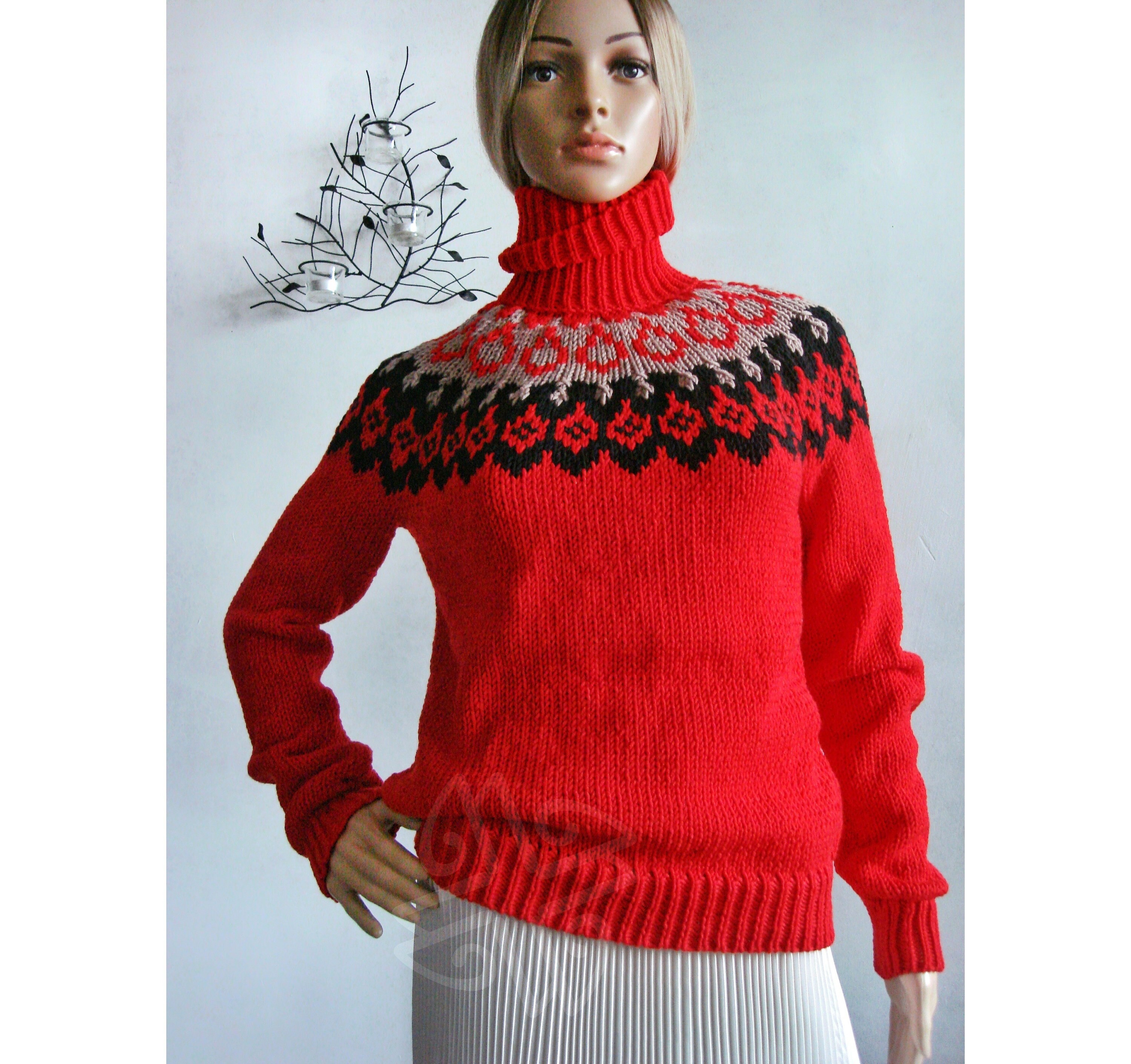 Red Merino Fair Isle Christmas Sweater Lopapeysa Women s Easy