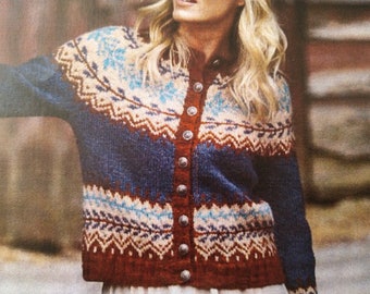 Vintage Fair Isle Pullover Jacke Lopapeysa Damen, skandinavische Jacke Strickjacke handgestrickt in Baby Alpaka Merino Nordische Ski Pullover Lopi