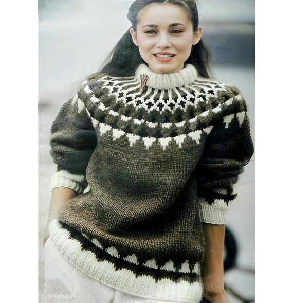 Vintage Fair Isle Sweater Lopapeysa Women Chunky Knit in Alpaca