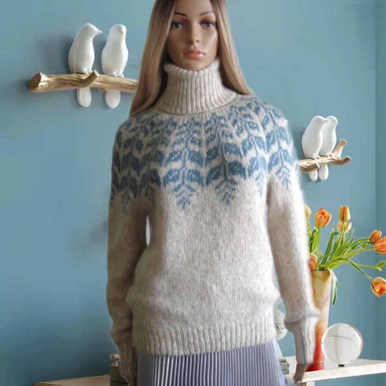 Sweater women's Fair Isle turtleneck hand knitted in Baby Alpaca Merino, Beige pullover Lopapeysa, Scandinavian warm jumper, Girl Xmas gift #3400 Beige / Petrol