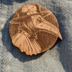 Laser Etched Plague Doctor Wood Pin: Handmade Brooch