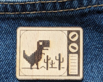 Laser Etched T-Rex Wood Pin: Handmade Dinosaur Brooch