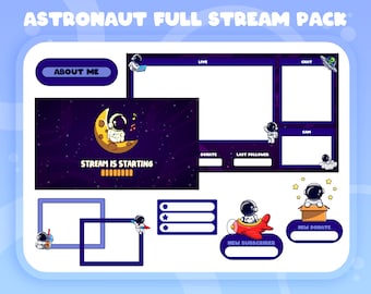 Twitch Astronaut Full Stream Package - Animated Transition Video - Overlay - Panels - Alerts - Scenes - Cam Overlay and Label for Twitch...