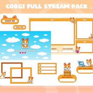 Twitch Corgi Full Stream Package - Animated Transition Video / Stream Screen - Overlay - Panels - Alerts - Scenes - Cam Overlay and Label...