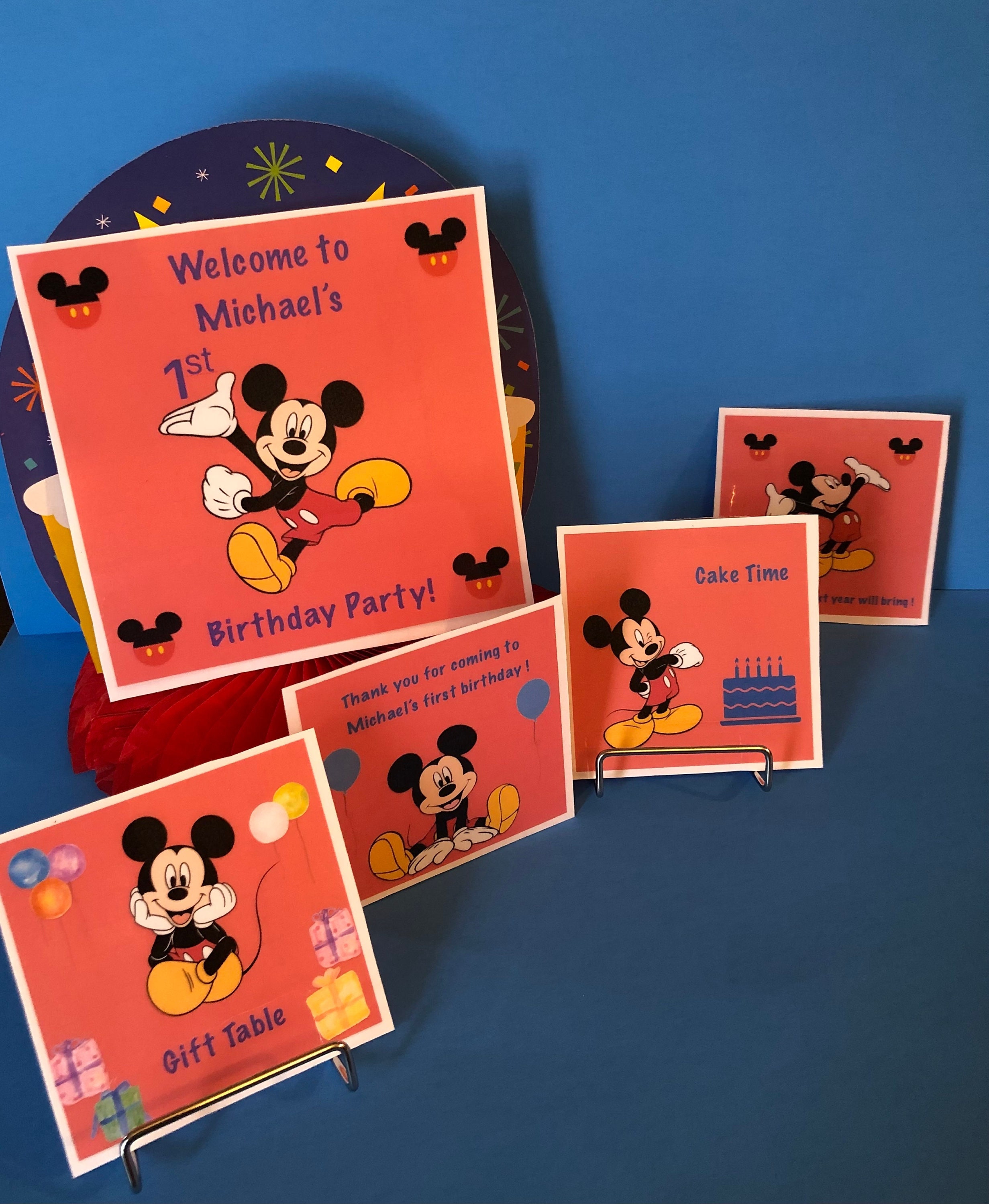 Childrens Mickey Mouse Birthday Party Supplies Table Decorations Personalized Name and Age Adorable Colorful Laminated