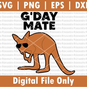 May include: A digital file design featuring a cartoon kangaroo wearing sunglasses and the text "G'DAY MATE".