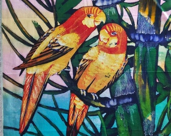 Original tropical batik with parrots textile art Indonesia cotton design for pillowcases pillows paintings bohemian ethnic home decor