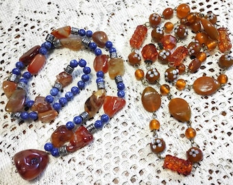 PAIR of vintage NECKLACES with LAPISLAZULI semi-precious stones long ethnic necklace boho glass hippy style christmas gift mom grandmother friend sister
