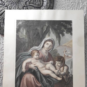 GRAVURE LITHOGRAPHIQUE ANCIENNE peinture à la main art sainte famille peinture vierge et enfant meuble catholique italien art Français classique