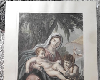 ANTIQUE LITHOGRAPHIC PRINT hand painted art holy family painting madonna and child Italian catholic furniture art French classic