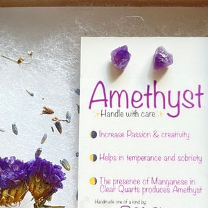 Real Amethyst Crystal Stud  Earrings / Natural Gemstone / Jewelry Box included