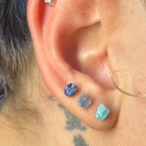 Bright Blues Dainty Crystal Earrings/  Raw Crystal Stud Earrings / Natural Gemstones Gift Set / Small Micro Jewelry / Jewelry Box Included