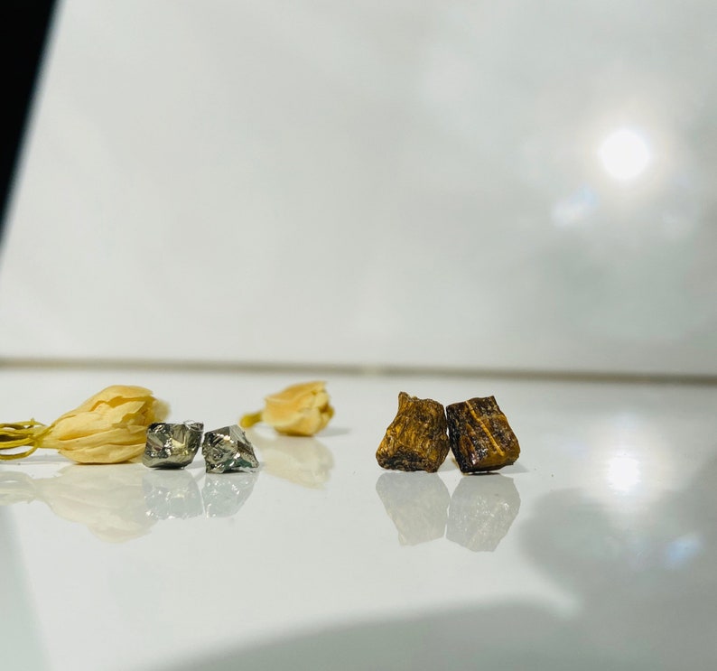 May include: Two pairs of earrings, one pair is silver and the other is brown. The silver earrings are square shaped and the brown earrings are rectangular.