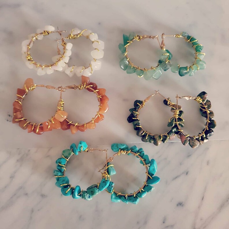 Boho Gemstone shops hoop earrings in gold/silver. 25MM/30MM/35MM