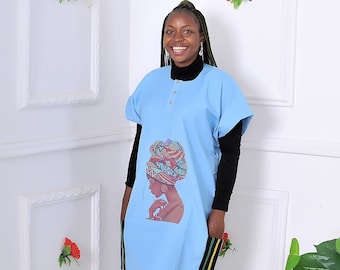 Blue African Danshiki Shirt Dress, Black History Shirt, Plus Size Women Dress, Custom Personalize women Shirt Dress