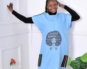 African Danshiki Shirt Dress, Black History Shirt, Plus Size Women Dress, Custom Personalize Women Shirt Dress, Blue