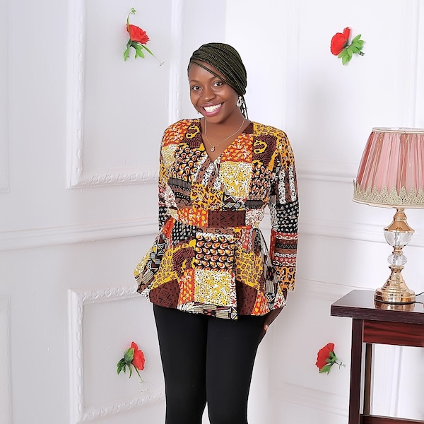 Peplum Ankara femme haut, chemisier haut imprimé africain avec zip, chemisier à manches courtes haut de bureau formel, haut d’allaitement