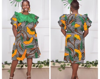 African Print Dress, Yellow Green Evening Summer Shift Casual Dress, Ankara Dress, Women's Dresses, African Dress,